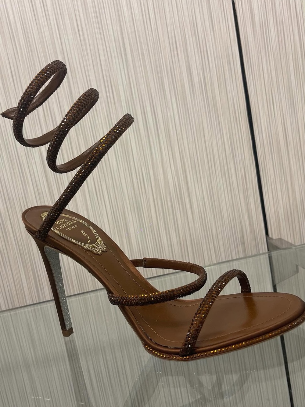 Brand New Rene Caovilla Brown Crystal Spiral-Strap Heels